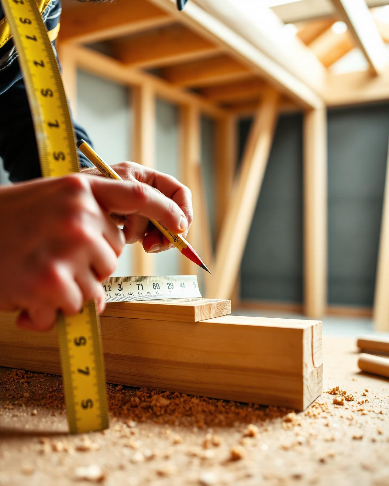 Carpenter measuring and marking timber studwork on site